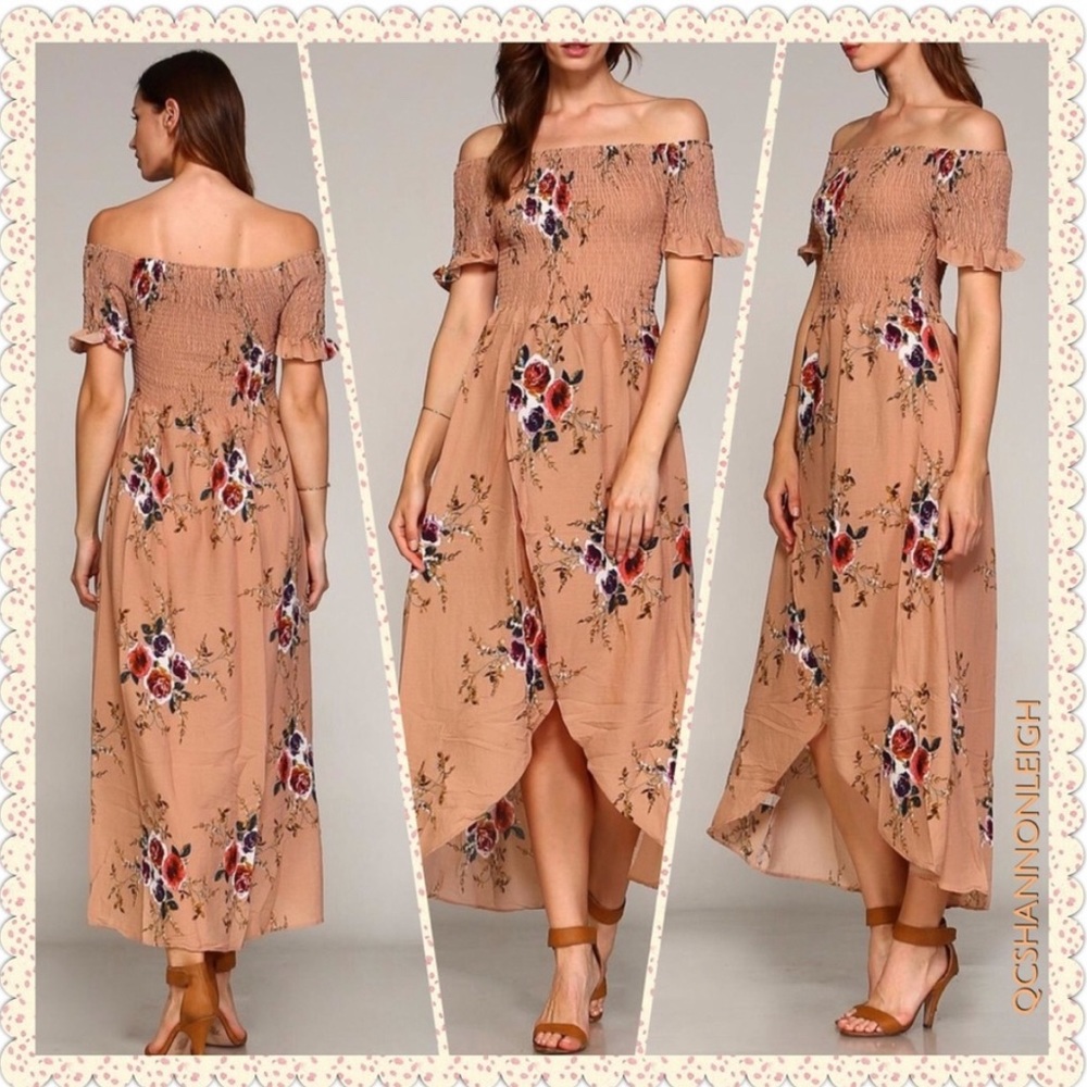 New Off-Shoulder Ruched Bodice Tan Floral Maxi Dress w/ Slit - S, M & L
